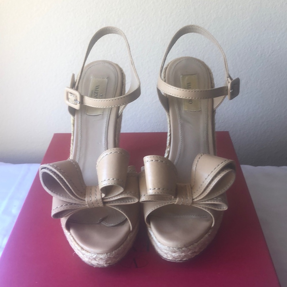 Valentino Beige Bow Espadrille Wedge Sandals